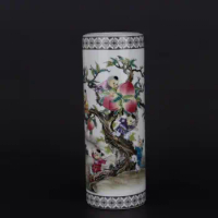 Chinese Famille Rose Porcelain Peach Kids Pattern Pen Holder Vase 7.87 inch