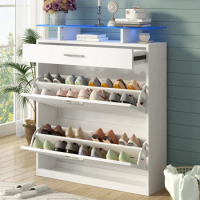 Slim Entryway Organizer with 2 Flip Drawers, Tempered Glass Top Shoe Storage Cabinet with Drawer, Free Standing Shoe Rack