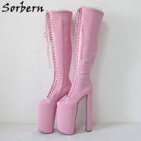 Sorbern Pink Over The Knee Boots Women Unisex Fetish 30Cm Block High Heel Invisible Platform Shoes Drag Queen Custom Size EU3-48