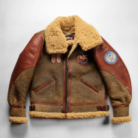 British sheepskin B3 fur one piece men's top heavy washed vintage old stonewashed horse leather with leather flight jacket