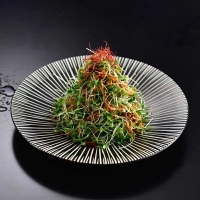 日式線紋陶瓷12英寸圓形盤飯店創意菜特色炒菜盤子個性餐具