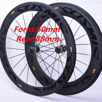 Newest 700C front 60mm+rear 88mm Road bike 3K full carbon fibre bicycle wheelset carbon clincher tubeless rims Free ship