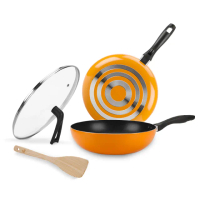 【CookPower 鍋寶】金鑽不沾鍋雙鍋四件組-28CM-活力橘(28CM炒鍋+28CM平底鍋+蓋+木鏟)