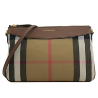 【BURBERRY 巴寶莉】經典格紋棉麻拼接手拿包斜背包(駝/咖邊)