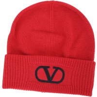 VALENTINO VLogo 字母標誌拼羅紋針織反摺羊毛帽(紅色)