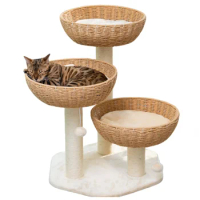 Modern Rattan cat tree Tower Cat scratching Post Climb Tree 3 Cat Bed For Small Large cats