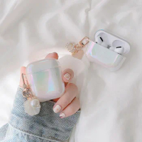 Luxury Fashion Dreamy White laser Hard Headphone Earphone Case For Apple Airpods 2 1 Pro Cute Cover Pearl Love Heart Key Ring