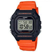 CASIO 卡西歐 復古電子男錶 樹脂錶帶 黑×橘 防水50米 碼錶功能 W-218H-4B2