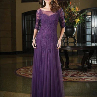 HOT Sheer Neck Half Sleeve Mother Of The Bride Dresses Purple Appliques Lace Groom Dress For Wedding Party Prom Mother Gown