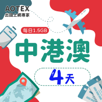 【AOTEX】4天中港澳上網卡4G網路每日1.5GB高速流量(中國上網卡中國大陸上網卡香港上網卡澳門上網卡SIM卡)