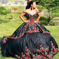 Black Mexican Theme Sweet 16 Dress Floral Embroidered Off the Shoulder Ball Gown Quinceanera Vestidos de quinceañera