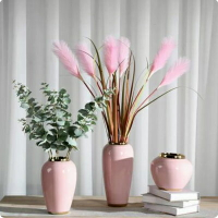 【粉色檯面花瓶系列-多款可選-1款/組】新中式陶瓷花瓶模擬花套裝家居擺件高端裝飾-90501