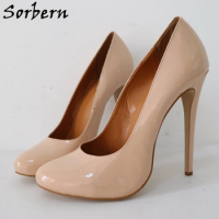 Sorbern Nude Shiny Women Pump Shoes Slip On High Heel Stilettos Plus Size Eu46 47 48 Heel 16Cm Fetish Shoe Crossdresser Heels