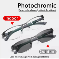 Blue Light Glasses Photochromic Sun Glasses Half-frame Business Style Myopia Glasses Diopter 0 To -6.0 Glasses for Men