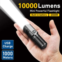 ไฟฉาย LED ขนาดเล็ก, 10000 LM, xhp50, แบตเตอรี่ในตัว, 3 โหมด, ชาร์จ USB, ไฟแฟลช, โคมไฟไฟฉาย EDC, เหมา