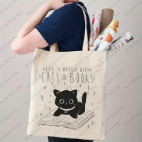 Cat And Book Pattern Canvas Shopping Bag, Letter Print Portable Shoulder Bag, Fashion Large Capacity Tote Bag For Daily Life
