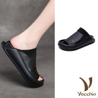 【Vecchio】真皮拖鞋 厚底拖鞋/真皮頭層牛皮寬楦厚底百搭復古拖鞋(黑)