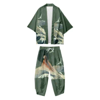 Men Green Print Kimono Clothes Japanese Yukata Samurai Costume Haori Coat Pants Beach Cardigan Streetwear