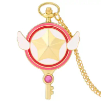Small Japan Anime Cardcaptor Sakura Star Wing Key Shaped Quartz Pocket Watch Slim Sweater Chain Women Magic Clock Gift for Girls
