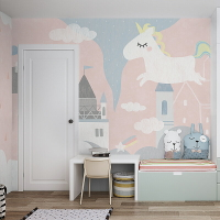 北歐卡通獨角獸墻紙兒童房墻布臥室背景墻壁紙粉色女孩公主房壁畫