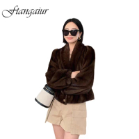 Ftangaiur Winter Coat For Women Import Velvet Mink Fur Coat Women's Full Sleeve Half Turn-Down Collar Short Real Mink Fur Coats