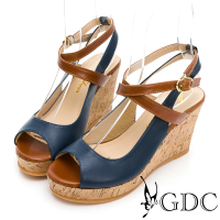 【GDC】真皮撞色春夏交叉繞帶木紋魚口楔型涼鞋-藍色(115003-21)