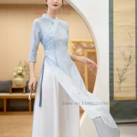 2024 ao dai chiffon long aodai women vietnam print flower cheongsam vintage mandarin collar elegant vietnam traditional dress