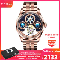 Ideal Knight Automatic Mechanical Watch for Men Luxury Tourbillon Wristwatch Two Location Time Display Men's Watch (Blue Earth)