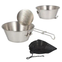 550ml Folding Handle Stainless Steel Bowl Outdoor Pinic Sierra Cup Bowl With Mesh Travel Bag Camping Tableware Cooking Bowls
