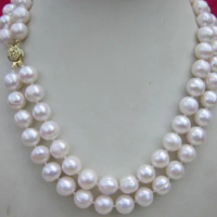 DOUBLE STRANDS 11-12MM SOUTH SEA WHITE BAROQUE PEARL NECKLACE 18"19" 14K GOLD