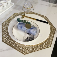 新中式樣板房間餐具餐桌擺臺金色異形餐墊山水墨畫藍色碟金拉絲筷