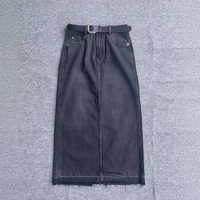 Retro Denim Skirt Back Slits High Waist Simple Raw Edge Long Skirt with Belt for Women