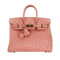 二手品 Hermes Birkin 25 鴕鳥皮金釦手提包(粉/Y刻)