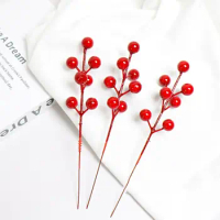 50Pcs Christmas Foam Red Berries Artificial 7 Heads Red Berry 16cm Branch Christmas Tree Wreath Decoration Xmas Gift Decoration