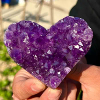 Natural Amethyst geode quartz cluster crystal heart carving specimen Healing