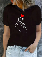 Women's Casual Crew Neck T-Shirt with Heart Gesture Print, Short Sleeve Top, All-Sejjgdqobngo