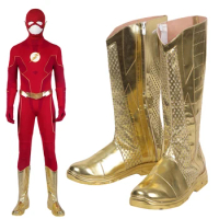 Adult Men Costume Accessories Season 8 Barry Allen Cosplay Gold Shoes Newest Boots Halloween Masquerade Role-playing Shoes