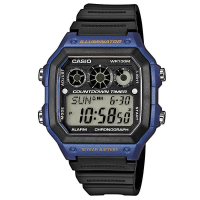 CASIO 10年電力亮眼設計方形數位錶(AE-1300WH-2A)-藍框x黑錶圈/42mm