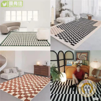 條紋棋盤格臥室格子慕斯風法式復古客廳地毯黑白格紋輕奢床邊毯可定製