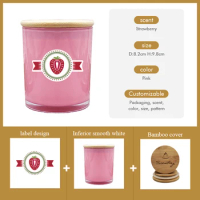 Pink spray bright scented candle jar with label bamboo lid + frosted matte material with label bamboo lid soy candle 7oz