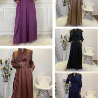 Middle East Ramadan Kimono Fashion Black Abaya Clothing Hijab Silk Luxury Satin Long Dress Dubai Turkey Robe Islamic Arab Kaftan