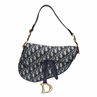 Dior 經典SADDLE系列OBLIQUE緹花布小牛皮飾邊手提包(藍)