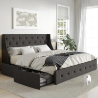 King Size Platform Bed Frame with 4 Storage Drawers and Wingback Headboard, Diamond Stitched Button Design, No Box Spring Needed