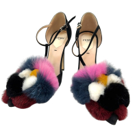 【二手名牌BRAND OFF】FENDI 芬迪【再降價】黑色 牛皮 絨布 毛球 高跟鞋