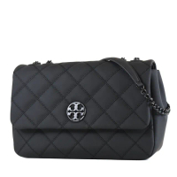 【TORY BURCH】WILLA MATT 黑色LOGO菱格翻蓋肩背/斜背二用包-霧黑/大