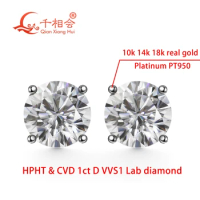 10k 14k 18k white gold PT950 1ct 6.5mm round Classic 4 Claw earrings D VVS HPHT CVD lab diamond stone ear stud jewelry gift