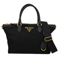 【PRADA 普拉達】經典浮雕LOGO附鑰匙圈吊飾厚尼龍寬背帶手提二用包(黑)