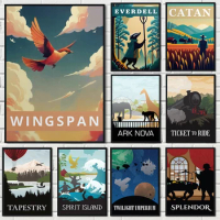 Retro Board Game Wingspan, Everdell and Catan Minimalist Poster Canvas Painting Wall Art Pictures Gamer Room Home Decor