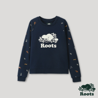 Roots 女裝- 經典傳承系列 滿版印花圓領上衣-深藍色