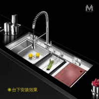 Asras large kitchen sink, equipped with multi-function pull-out faucet, 304 Tray,304 Portable Basin,SUS304 stainless steel sink